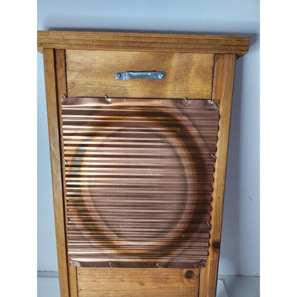 VINTAGE Wood Copper Washboard Soap Towel Wall Bathroom Planter Organizer Rustic - Picture 8 of 10